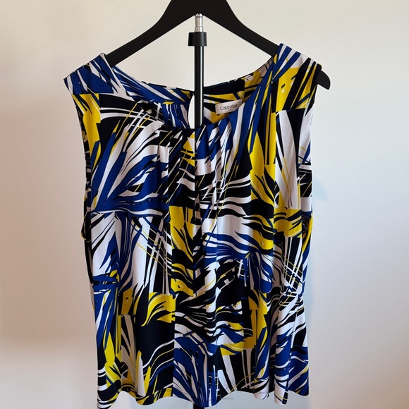Calvin Klein Tops - Calvin Klein Abstract Print Sleeveless Shell Top in Blue, Yellow & Black